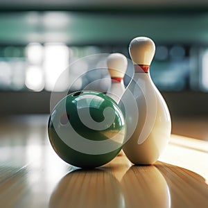 Two bowling pins and a ball on the lane. Bowling game.