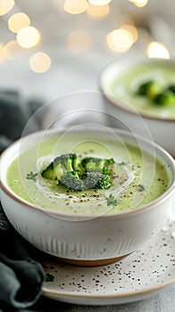 Two Bowls of Broccoli Soup on a White Plate
