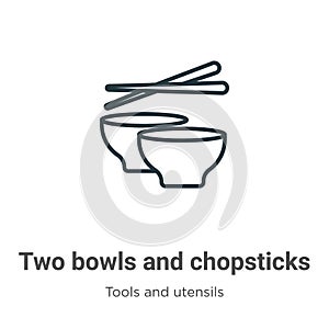 Two bowls and chopsticks outline vector icon. Thin line black two bowls and chopsticks icon, flat vector simple element