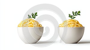 Two bowls of delicious pasta garnished with fresh parsley white isolate background