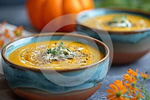 Two bowls of homemade pumpkin soup, garnished with butter and pumpkin seeds.