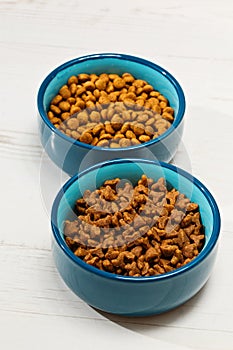 Two bowls with pet`s meal on the floor