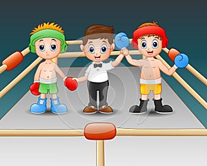 Two boxers at the boxing ring. Boxers in blue gloves of winner
