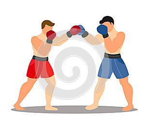 Two boxers in a fight against a white background. Cartoon flat illustration