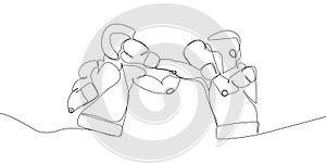 Two boxers in fight one line art. Continuous line drawing boxing, protective mask, boxing gloves, fight, athletes