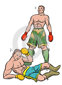 two boxers during a fight.  one of them lying on the carpet.  illustration