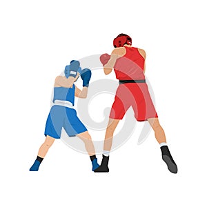 Two boxers fighting. Battle spectacle event with knockdown between professional sportsmen in sportswear