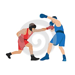 Two boxers fighting. Battle spectacle event with knockdown between professional sportsmen in sportswear