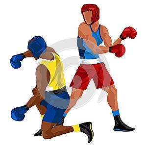 Two boxers fighting. Battle spectacle event with knockdown between professional sportsmen in sportswear vector