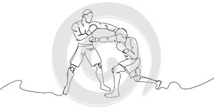 Two boxers in a full body fight one line art. Continuous line drawing boxing, protective mask, boxing gloves, fight