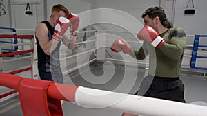 Two boxers training on ring