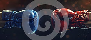 Two boxing gloves in a face-off, symbolic confrontation. red vs blue, sports equipment still life on dark background