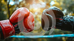 Two Boxing gloves in a fist bump gesture amidst a blurred nature backdrop. Concept of sportsmanship, boxing training