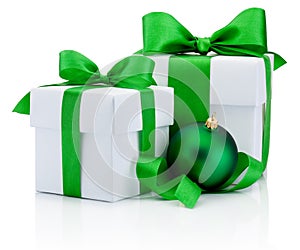 Two boxs tied green ribbon bow and christmas ball Isolated