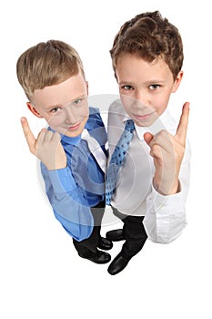 Two boy points finger