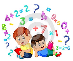 Two boy reading book and learning mathematics