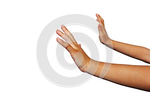 Two boy's hands making a gesture of pushing or resisting something on a white background