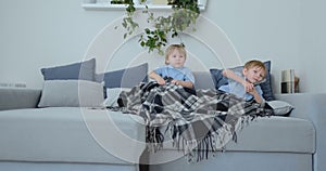 Two boys, 4 and 2 years old, are watching TV sitting on the couch. An exciting TV show. View cartoons