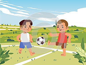 Two boys in action playing soccer on a field with hills and sky in the background