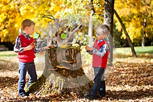 Two boys in the autumn park