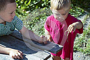 Two boys carefully examine the worm. A pretty baby holds a worm