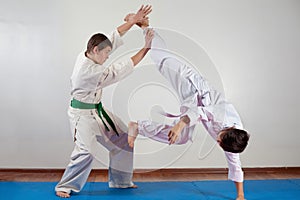 Two boys demonstrate martial arts working together