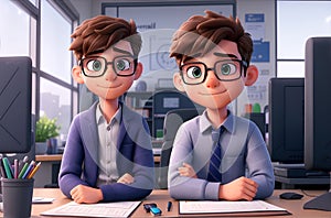 Two boys at a desk in a school listening attentively to the teacher\'s remarks, 3D illustration, AI generation
