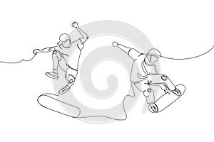 Two boys doing a trick with skatebboard set one line art. Continuous line drawing sports, training, sport, leisure