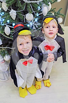 Two boys dressed as penguin standing near photo