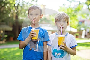 Two boys drinking cocoa from paper cups with straws in park