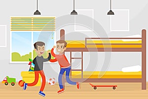 Two Boys Fighting in Room, Disagreement between Brothers, Violence and Aggression between Children Concept Vector