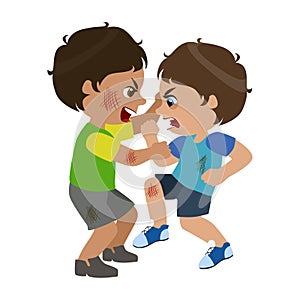 Two Boys Fighting And Scratching, Part Of Bad Kids Behavior And Bullies Series Of Vector Illustrations With Characters photo