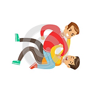 Two Boys Fist Fight Positions, Aggressive Bully In Long Sleeve Red Top Fighting Another Kid Pushing Him To The Ground