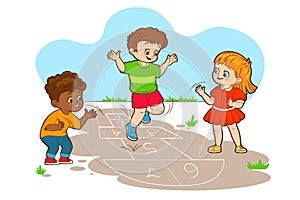 Two boys and a girl are jumping while playing hopscotch. Vector illustration in cartoon style, black and white line art