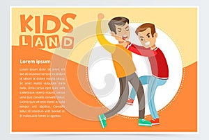 Two boys hitting each other on a fight, teen kids quarreling, aggressive behavior, kids land banner flat vector element