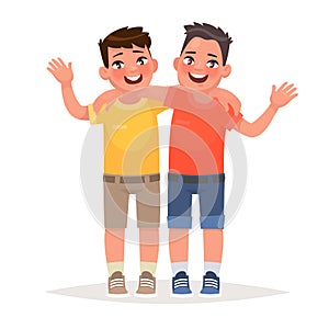 Two boys hugged and waved hands. Best friends. Vector illustration photo