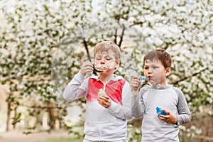 Two boys inflate soap bubbles in the summer outdoors