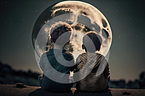 Two boys looking at the moon