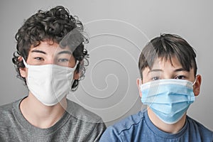 Two Boys with Masks, Lockdown Pandemic, Flu, Protection