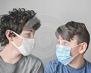 Two Boys with Masks, Lockdown Pandemic, Flu, Protection