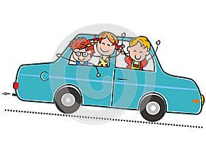 Two boys and one girl at car, funny vector illustration