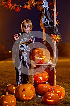 Two boys in the park with Halloween costumes, carved pumpkins with candles and decoration