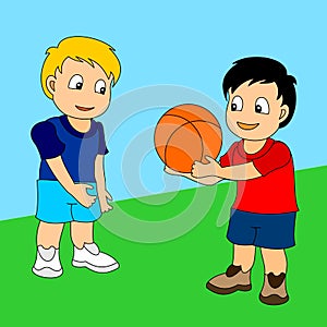 Two boys playing basketball.