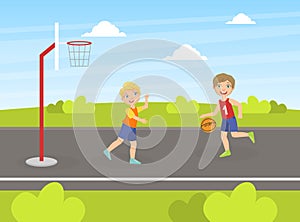 Two Boys Playing Basketball on Playground, Children Walking and Having Fun on the Street Vector Illustration