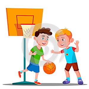 Two Boys Playing Basketball On The Playground Together Vector. Summer Activity. Isolated Illustration