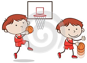 Two boys playing basketball on white background