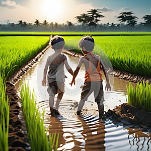 two boys playing in the mud in a rice field