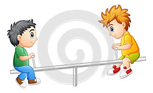Two boys playing on seesaw