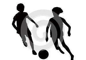 Two boys playing soccer, body silhouette vector