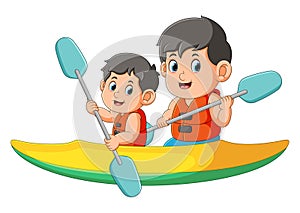 The two boys are rowing the boat in the lake